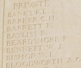 Panel on the Memorial showing Pte. Bayliss's name Panel on the Memorial showing Pte. Bayliss's name