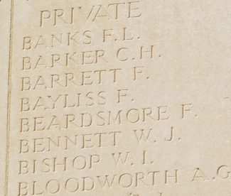 Panel on the Memorial showing Pte. Bayliss's name